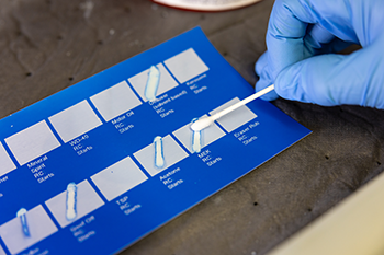 A chemical swab test being done on product