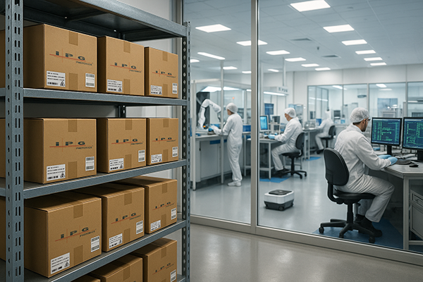 Shelving with cardboard boxes labeled with barcodes in a cleanroom, with employees in white suits working at computers in the background.