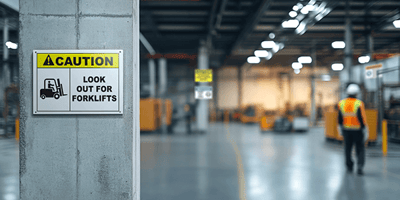 Caution sign on concrete column warning to look out for forklifts in warehouse.