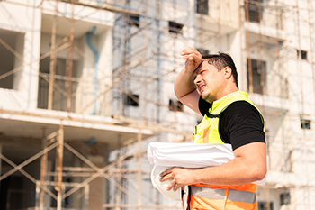 Construction worker wiping brow in the sun