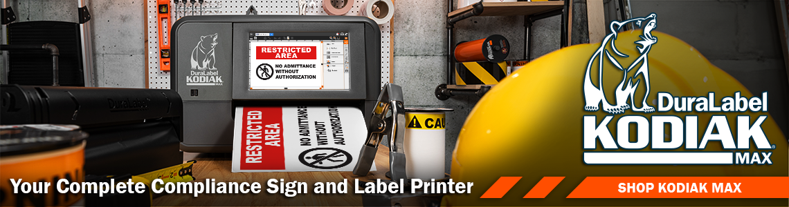 DuraLabel Kodiak Max industrial label printer printing a restricted area label