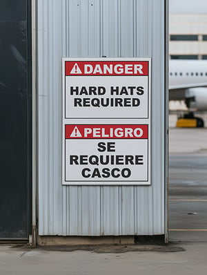 Bilingual Danger Sign notifying workers to wear hard hats.