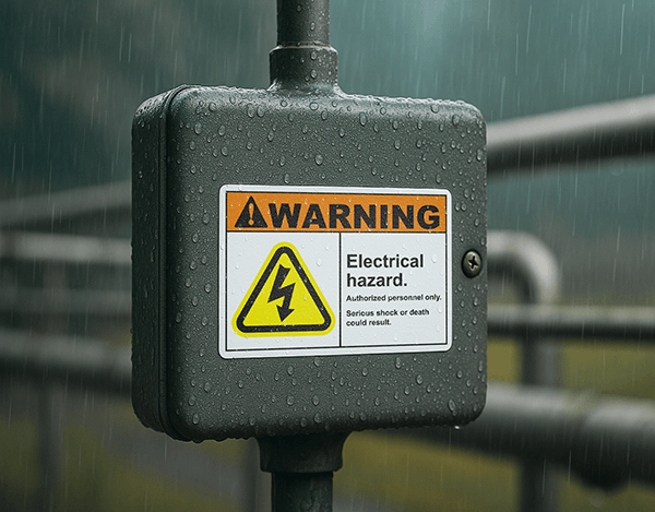 An electrical junction box in the rain, labeled with a weather-resistant warning label.