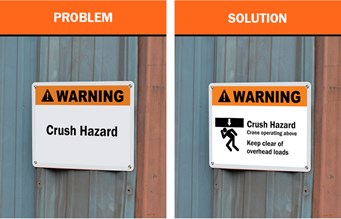 Safety Signs: An image showing a vague sign about crush hazards and a clear sign