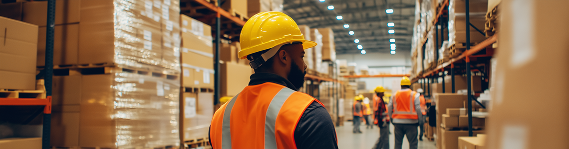 A team of workers in a warehouse performing 5S organization.