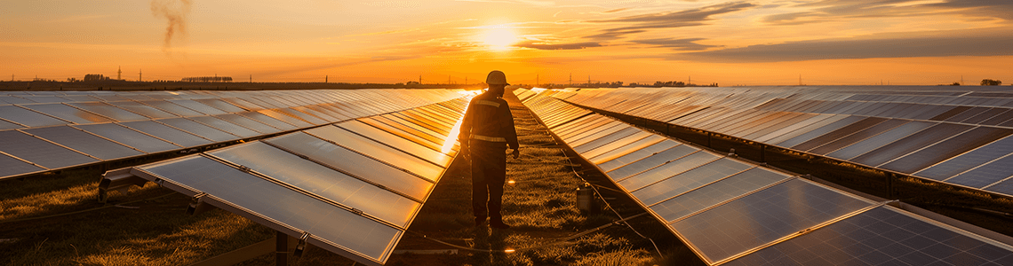 A worker stands between solar panels at a solar field.