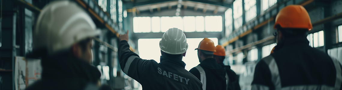 A group of workers walking to a safety committee meeting together in a warehouse.