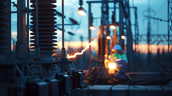 Utility worker near high-voltage electrical equipment with visible arc flash at a power substation.
