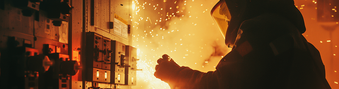 A worker wearing PPE in an Arc flash explosion