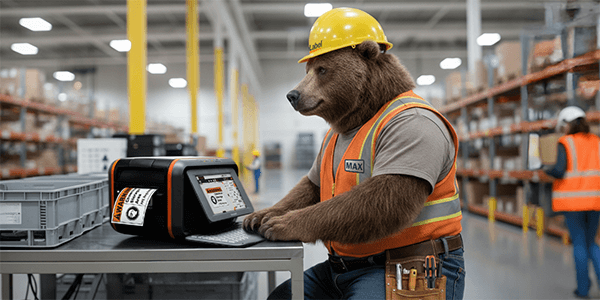 Max the DuraLabel Bear printing safety signs in a warehouse using a Toro Max, highlighting a workplace labeling system for compliance.