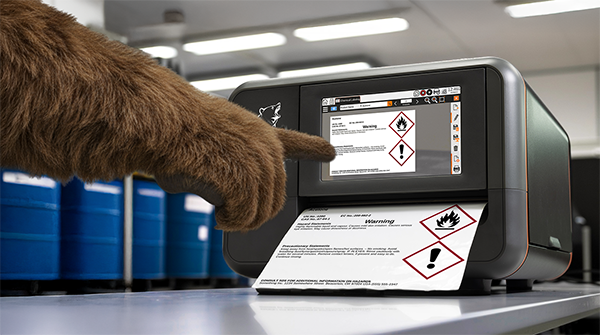 Max the DuraLabel Bear using a Toro Max printer with LabelForge PRO software, demonstrating an industrial label printer in action.