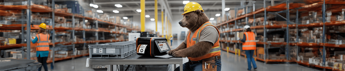 Max the DuraLabel Bear printing safety signs in a warehouse using a Toro Max, highlighting a workplace labeling system for compliance.