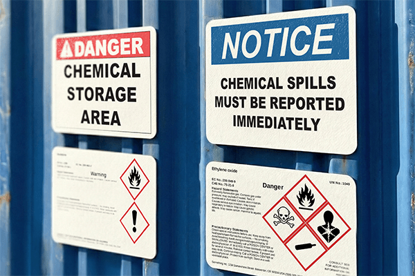 Chemical storage signs displaying hazard icons and warnings.