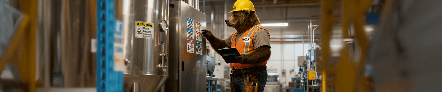 Max the Bear checks machinery labels as part of OSHA label compliance.