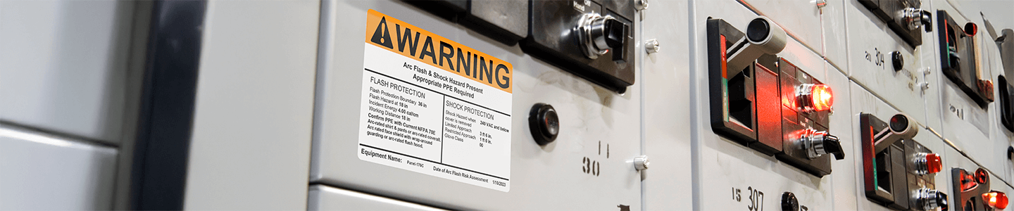 Arc flash warning label showing PPE requirements and incident energy level