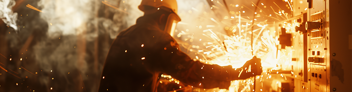 A person wearing PPE while an arc flash occurs.