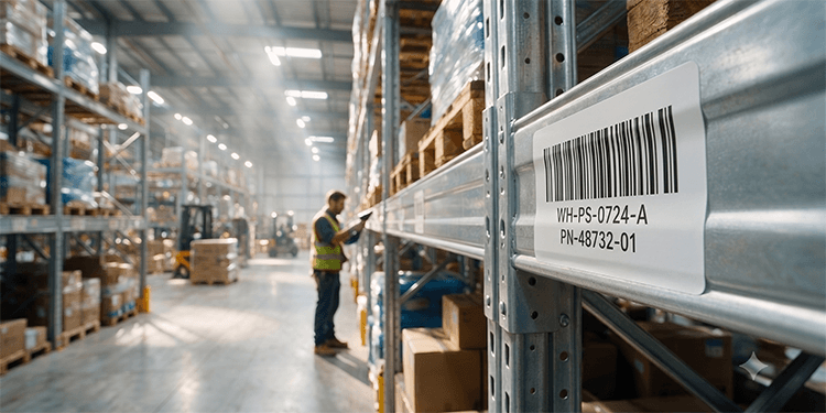 Close-up of a warehouse rack with durable barcode labels for location identification.