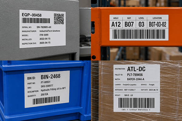 Examples of industrial barcode labels used for asset tracking, warehouse racks, storage bins, and pallet identification.