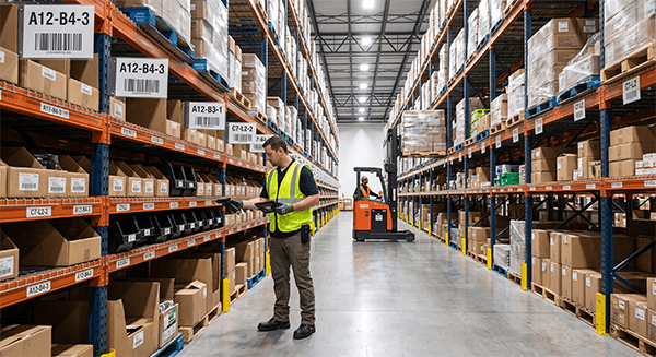 Warehouse employee using barcode labels to verify inventory in a distribution center.