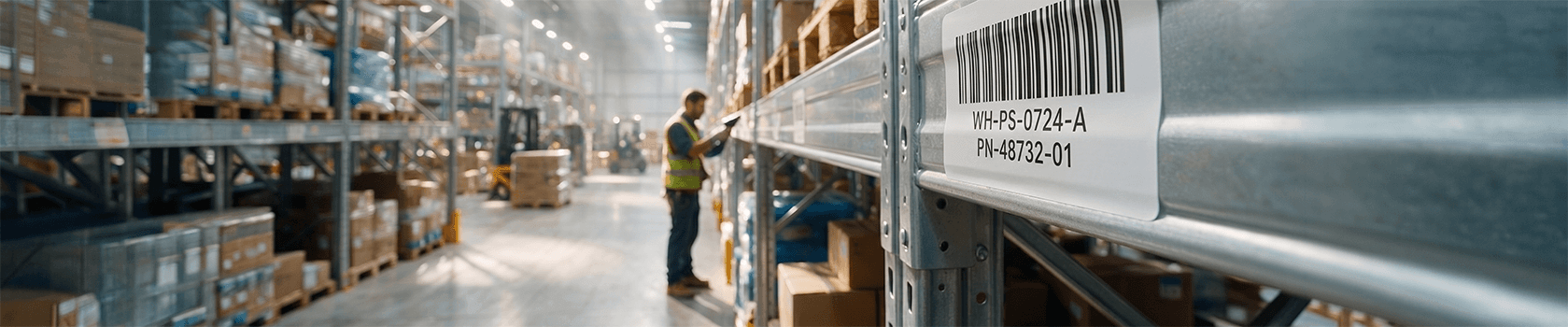 Close-up of a warehouse rack with durable barcode labels for location identification.