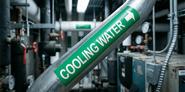 Refrigeration pipe labels showing cooling water direction in mechanical room.