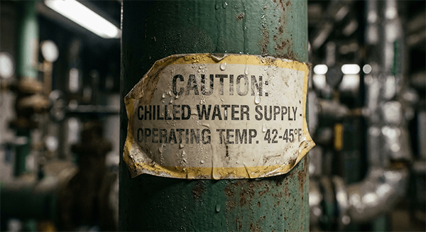Damaged HVAC equipment label on chilled water pipe in mechanical room.