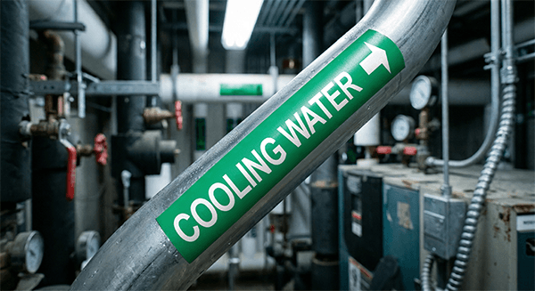 Durable HVAC labeling on cooling water pipe in mechanical environment.