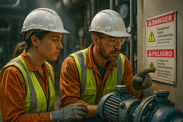 Two workers review bilingual danger sign on machinery, reinforcing visual communication in