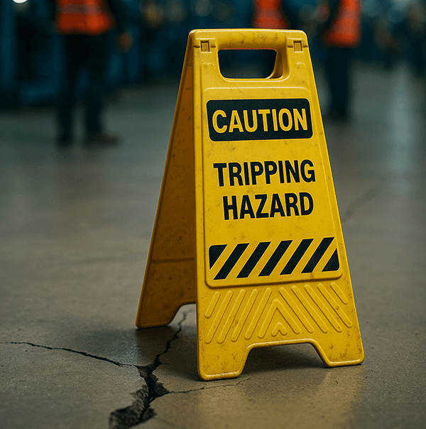 Caution sign on cracked floor highlights building safety and use of custom safety signs.