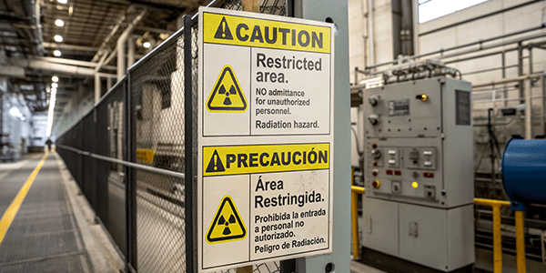 Bilingual caution signs warning of radiation in restricted area.