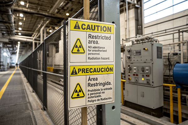 Bilingual caution signs warning of radiation in restricted area.
