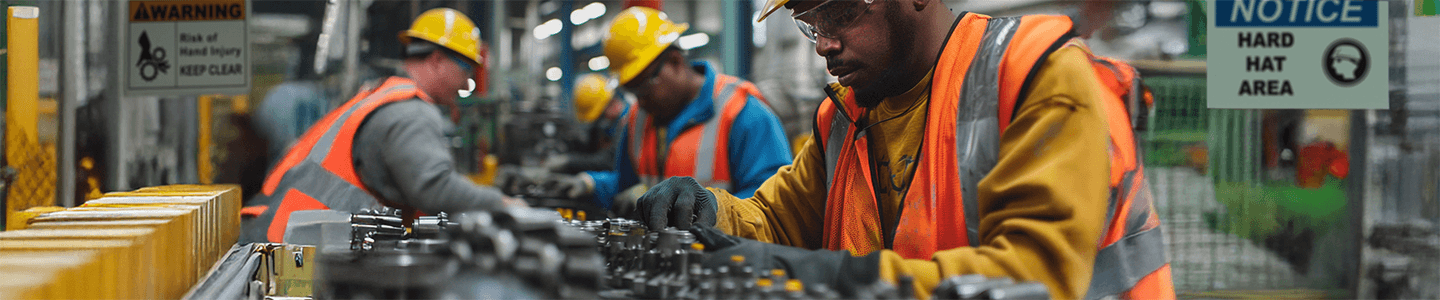 Workers in hardhats and PPE working on an assembly line with OSHA compliant signs and labels around them.