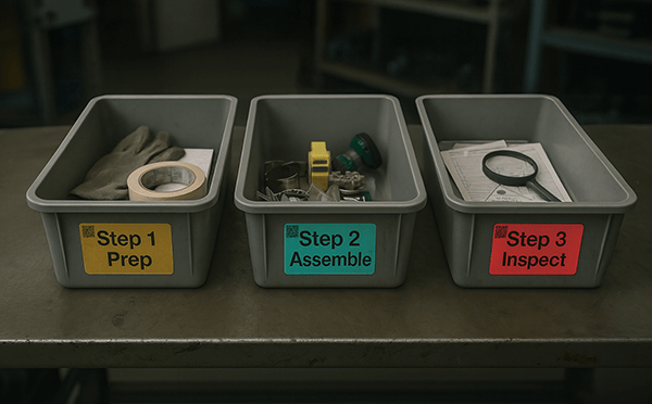 Labeled bins showing Step 1 Prep, Step 2 Assemble, and Step 3 Inspect on a workbench.