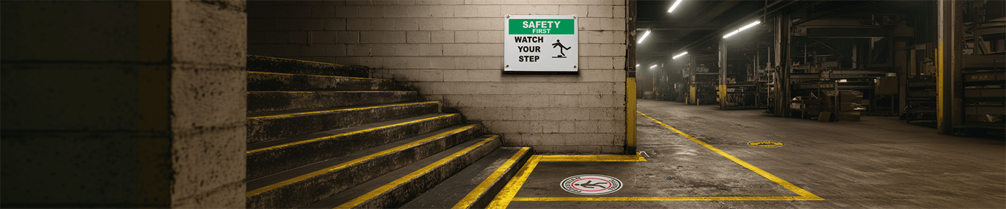 Safety First sign and floor marking warning workers to watch their step on stairs.