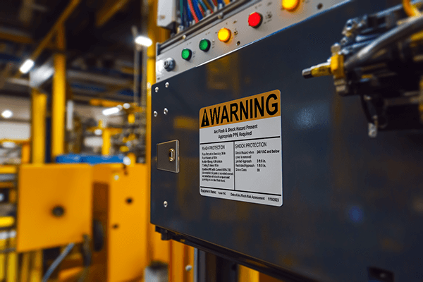 Electrical panel with custom arc flash and shock hazard warning label. 