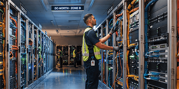 Technician inspecting labeled server racks and network infrastructure inside a modern data center with data center labels.