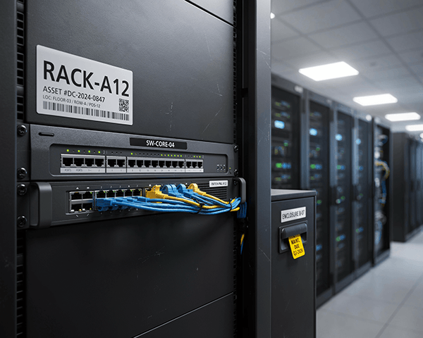 Server rack with data center labels, rack identification, asset information, and labeled network equipment.