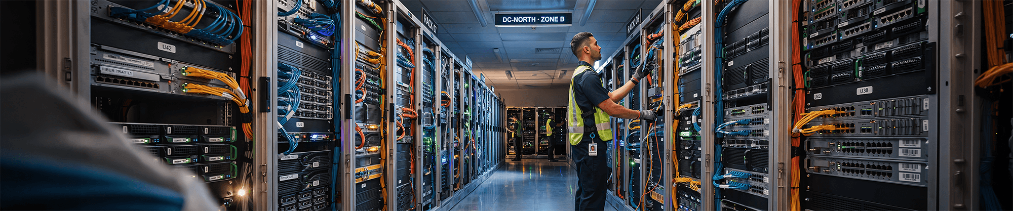 Technician inspecting labeled server racks and network infrastructure inside a modern data center with data center labels.