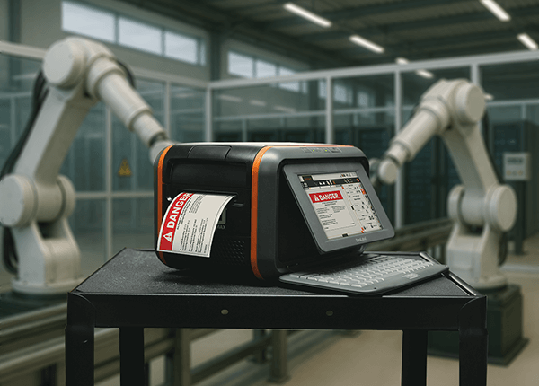 DuraLabel Toro Max producing an industrial label in a robotics facility.