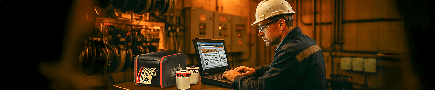 Electrical engineer working in LabelForge PRO label software with a DuraLabel Bronco Max in an industrial environment.