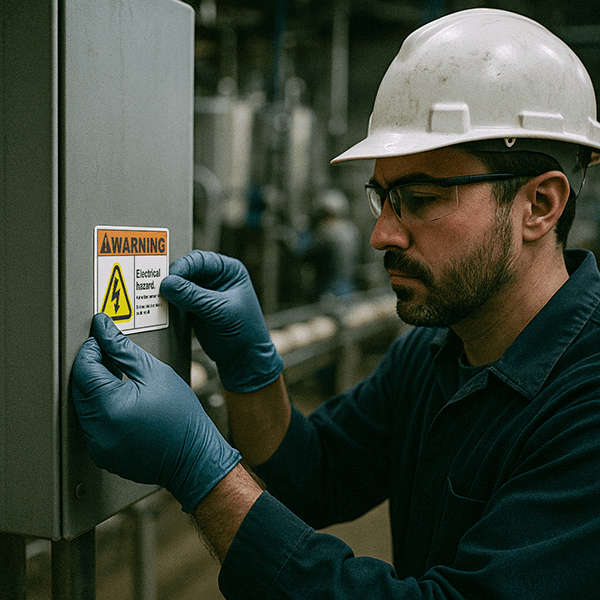 Technician applying an electrical safety warning label to a control panel in a food processing facility.