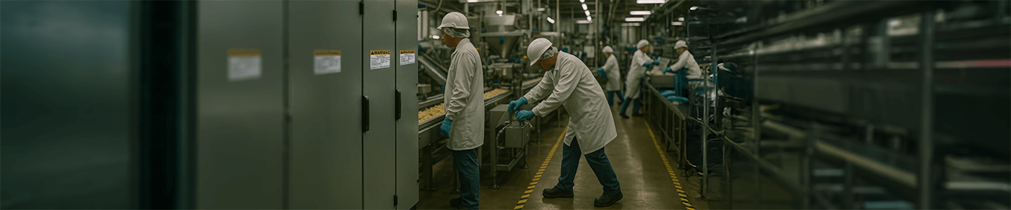 A food processing plant with workers on an active line, floor marking tape, and electrical safety labels on control panels.