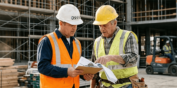 Construction workers reviewing safety documents during OSHA inspections on active jobsite.