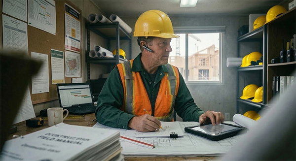 Contractor reviewing project plans and safety documentation for multi state contractors and employers.