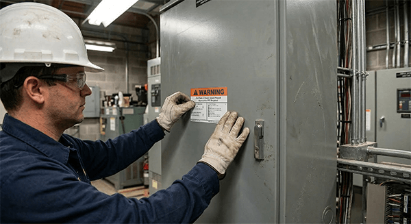Technician applying arc flash label to electrical panel for OSHA compliance requirements.