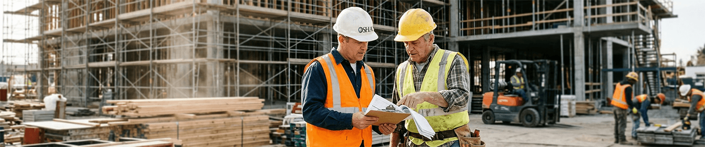 Construction workers reviewing safety documents during OSHA inspections on active jobsite.
