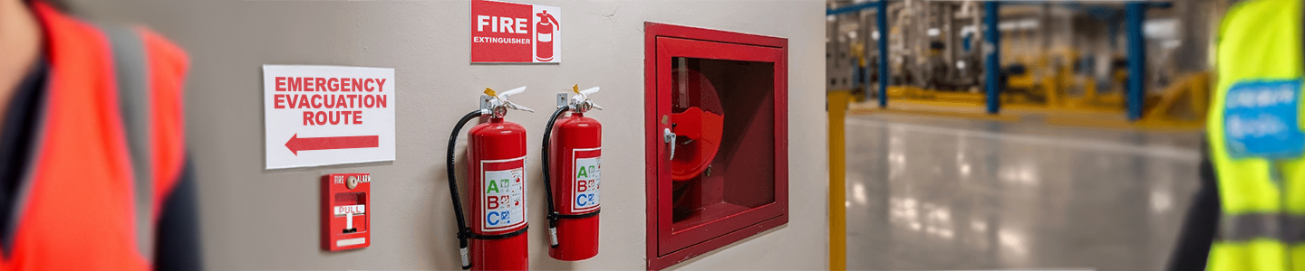 Fire safety signage and fire extinguisher in hallway