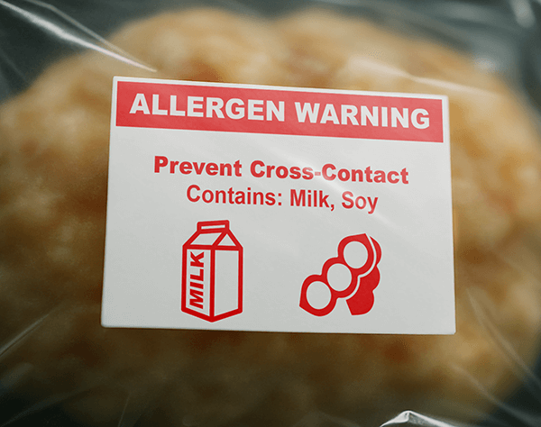 Allergen warning label reading “Prevent Cross-Contact – Contains: Milk, Soy” used as a durable food safety label.