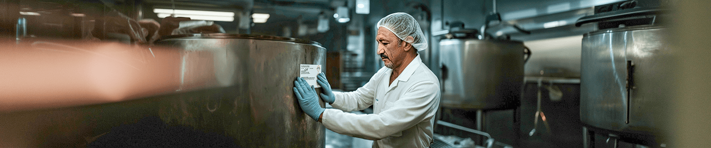Food safety inspector applying a durable food safety label to large processing equipment inside a production facility.