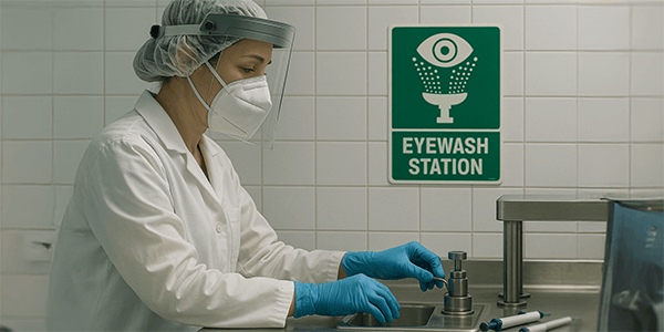 Healthcare technician working near eyewash station signage in sterile environment.